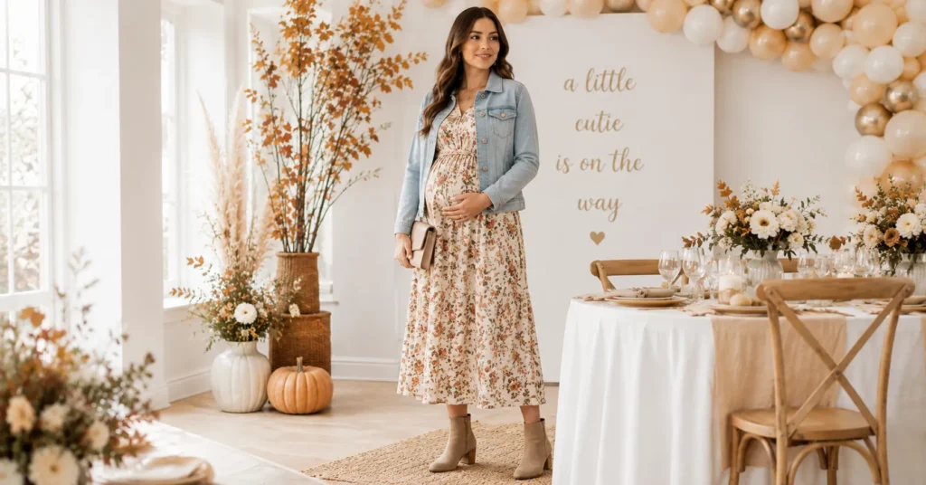 Fall Baby Shower Outfit Ideas: 25 Effortless Looks Every Guest Will Love 5 Fall Baby Shower Outfit Ideas featuring a floral midi dress with a denim jacket.