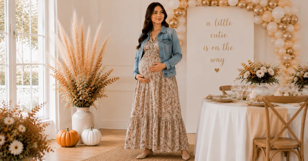 Fall Baby Shower Outfit Ideas: 25 Effortless Looks Every Guest Will Love 19 Fall Baby Shower Outfit Ideas featuring a flowy maternity maxi dress with a denim jacket