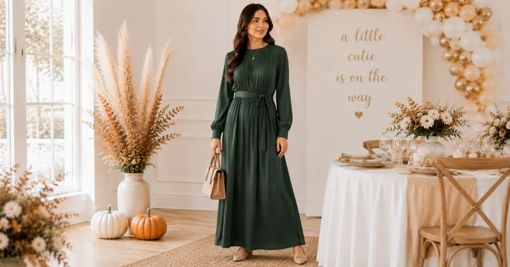 Fall Baby Shower Outfit Ideas: 25 Effortless Looks Every Guest Will Love 14 Fall Baby Shower Outfit Ideas featuring a long-sleeve forest green maxi dress