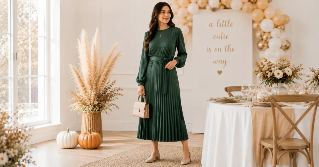 Fall Baby Shower Outfit Ideas: 25 Effortless Looks Every Guest Will Love 12 Fall Baby Shower Outfit Ideas featuring a pleated midi dress with elegant heels.