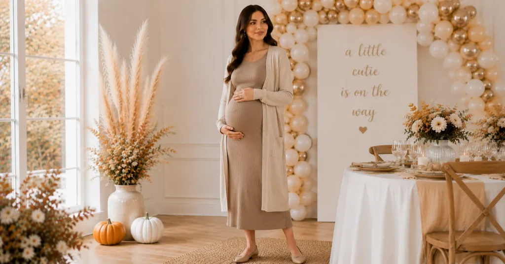 Fall Baby Shower Outfit Ideas: 25 Effortless Looks Every Guest Will Love 18 Fall Baby Shower Outfit Ideas featuring a ribbed maternity midi dress