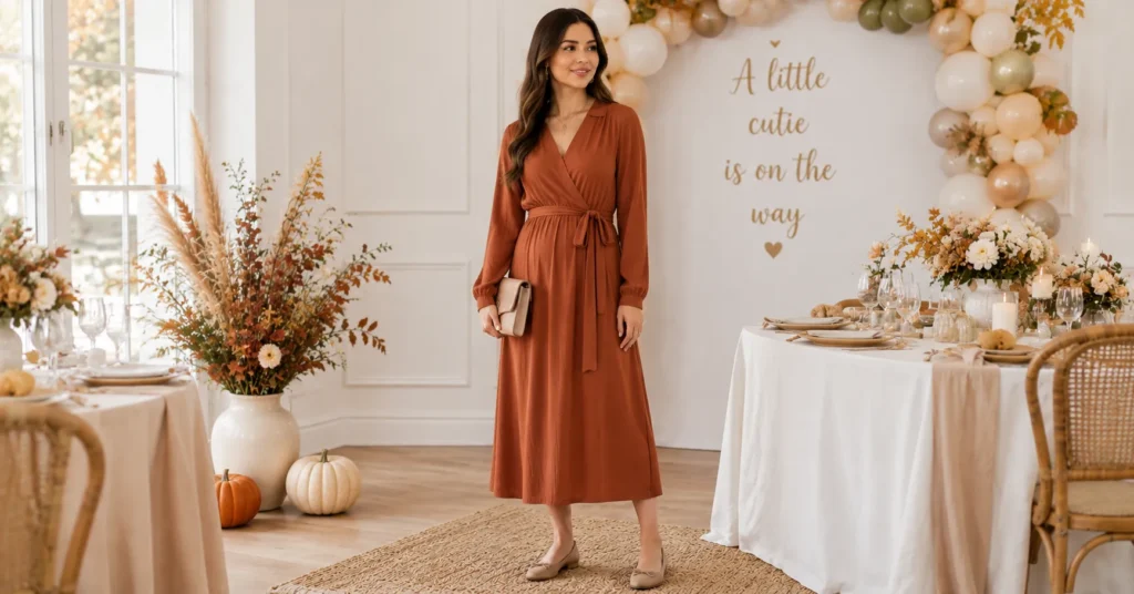 Fall Baby Shower Outfit Ideas: 25 Effortless Looks Every Guest Will Love 4 Fall Baby Shower Outfit Ideas featuring a rust earth-tone wrap dress.