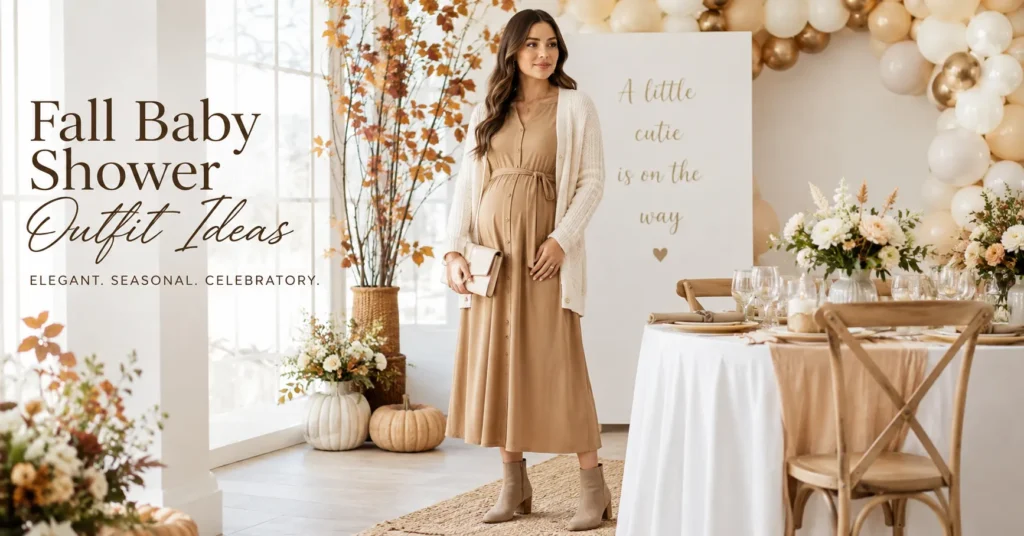 Fall Baby Shower Outfit Ideas: 25 Effortless Looks Every Guest Will Love 5 Fall Baby Shower Outfit Ideas featuring a stylish woman in a warm neutral midi dress, refined cardigan, ankle boots, and minimal gold jewelry.