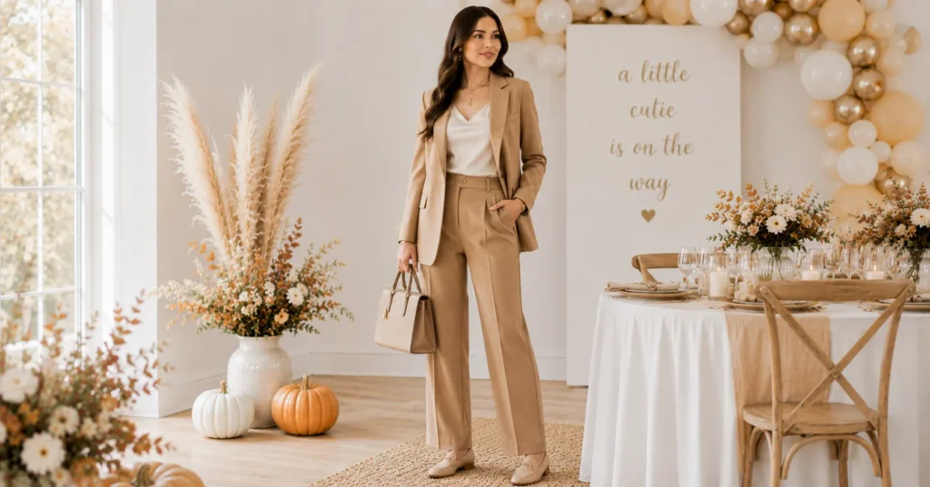 Fall Baby Shower Outfit Ideas: 25 Effortless Looks Every Guest Will Love 11 Fall Baby Shower Outfit Ideas featuring a tailored camel pantsuit