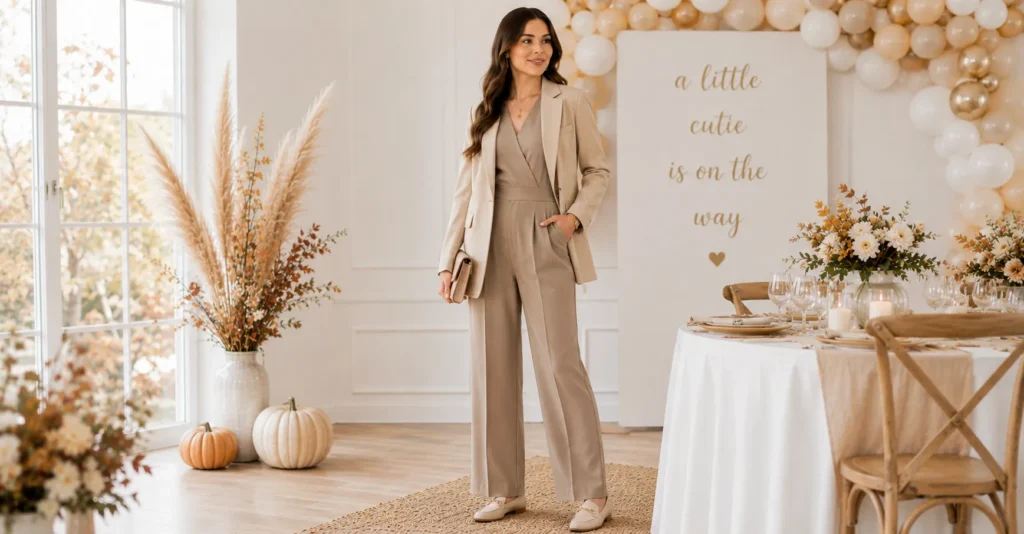 Fall Baby Shower Outfit Ideas: 25 Effortless Looks Every Guest Will Love 8 Fall Baby Shower Outfit Ideas featuring a tailored jumpsuit with a beige blazer.