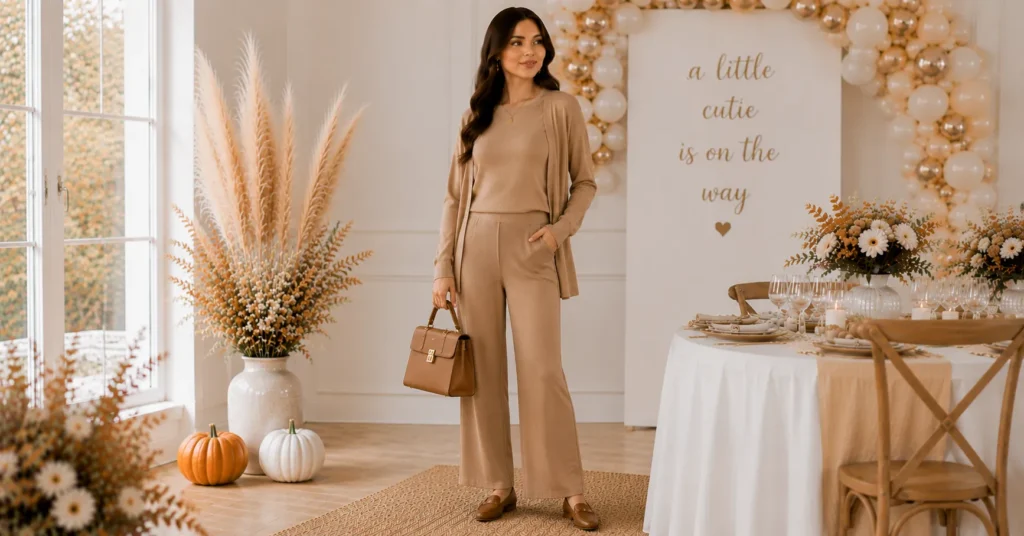 Fall Baby Shower Outfit Ideas: 25 Effortless Looks Every Guest Will Love 20 Fall Baby Shower Outfit Ideas featuring an elegant full camel monochrome outfit