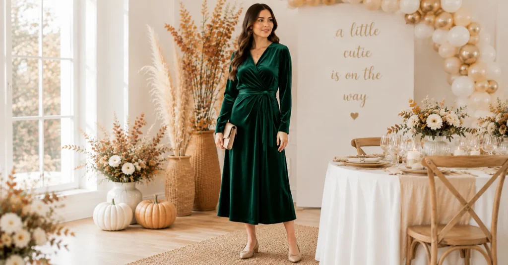 Fall Baby Shower Outfit Ideas: 25 Effortless Looks Every Guest Will Love 10 Fall Baby Shower Outfit Ideas featuring an emerald velvet wrap dress.