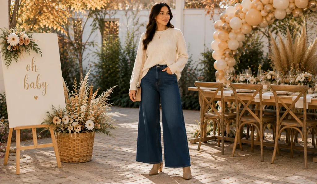 Fall Baby Shower Outfit Ideas: 25 Effortless Looks Every Guest Will Love 17 Fall Baby Shower Outfit Ideas featuring wide-leg jeans and a chunky knit sweater.