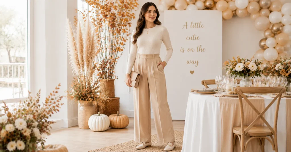 Fall Baby Shower Outfit Ideas: 25 Effortless Looks Every Guest Will Love 6 Fall Baby Shower Outfit Ideas featuring wide-leg trousers and a cream knit top.