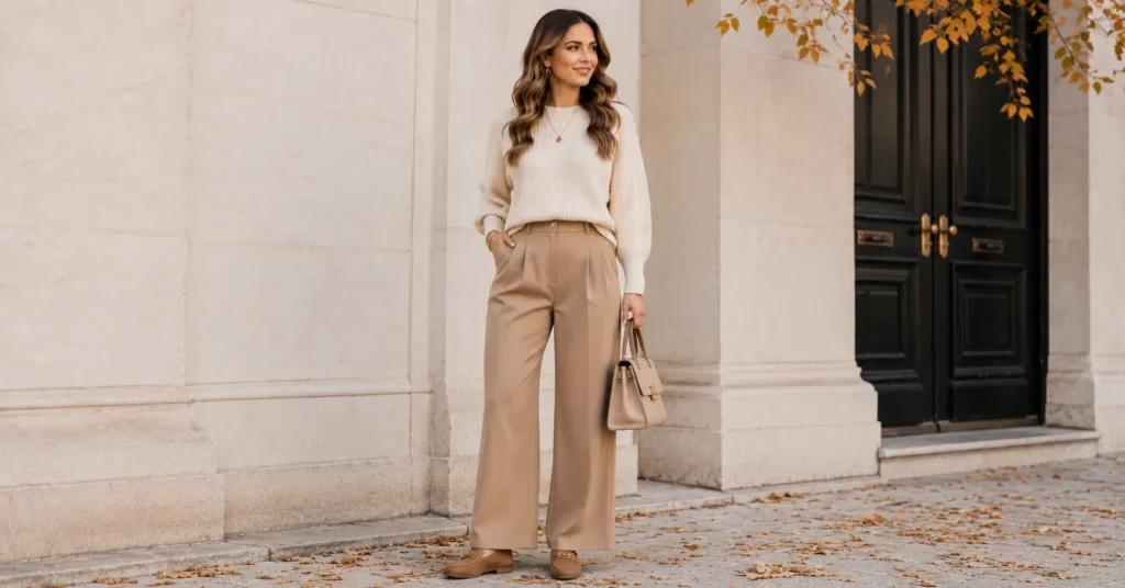 35 Irresistible Fall Coffee Date Outfit Ideas for a Cozy Chic Look 4 Fall Coffee Date Outfit Ideas featuring a cropped sweater and wide-leg trousers