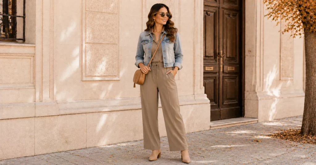 35 Irresistible Fall Coffee Date Outfit Ideas for a Cozy Chic Look 13 Fall Coffee Date Outfit Ideas featuring a relaxed jumpsuit and cropped jacket
