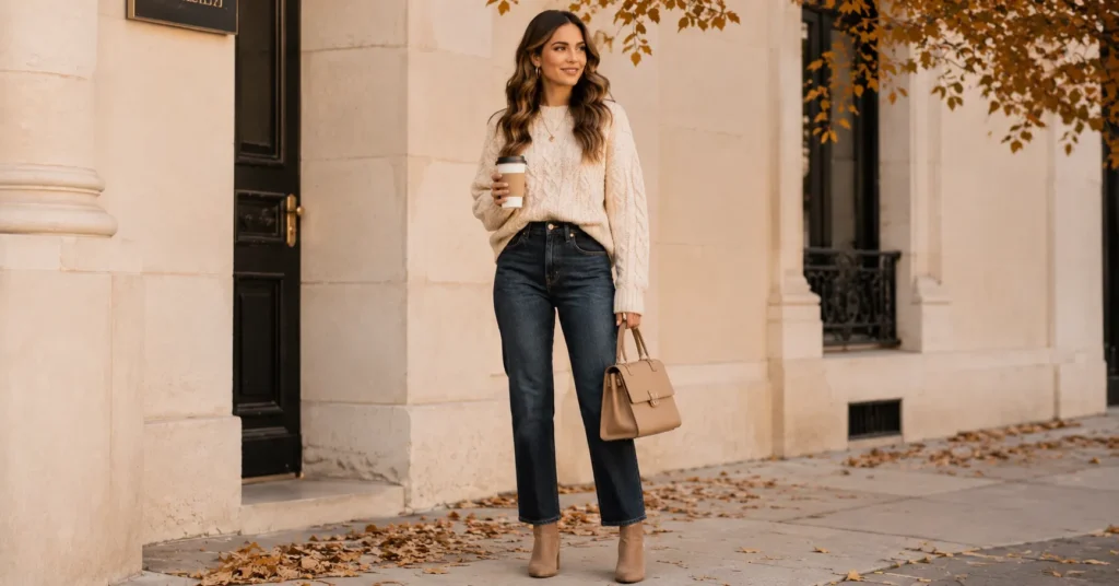 35 Irresistible Fall Coffee Date Outfit Ideas for a Cozy Chic Look 3 Fall Coffee Date Outfit Ideas with a chunky knit sweater and high-waisted jeans