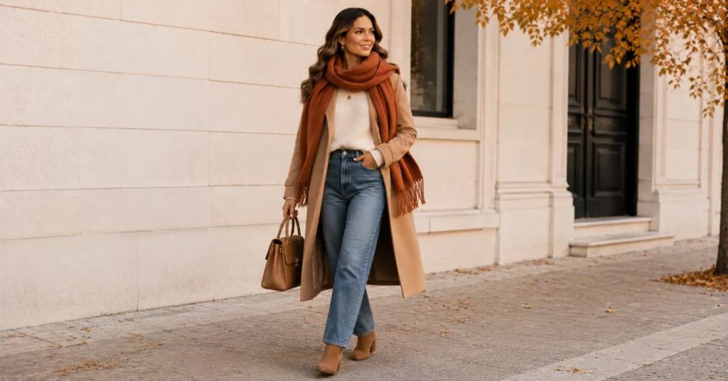 35 Irresistible Fall Coffee Date Outfit Ideas for a Cozy Chic Look 10 Fall Coffee Date Outfit Ideas with a cozy scarf, sweater, and camel coat