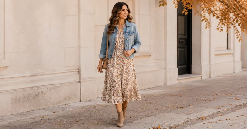 35 Irresistible Fall Coffee Date Outfit Ideas for a Cozy Chic Look 6 Fall Coffee Date Outfit Ideas with a denim jacket and floral midi dress