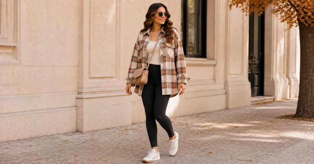 35 Irresistible Fall Coffee Date Outfit Ideas for a Cozy Chic Look 14 Fall Coffee Date Outfit Ideas with leggings and an oversized flannel shirt