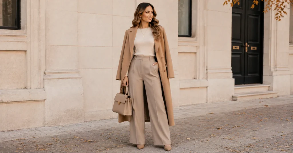 35 Irresistible Fall Coffee Date Outfit Ideas for a Cozy Chic Look 8 Fall Coffee Date Outfit Ideas with wide-leg pants and a tasteful bodysuit