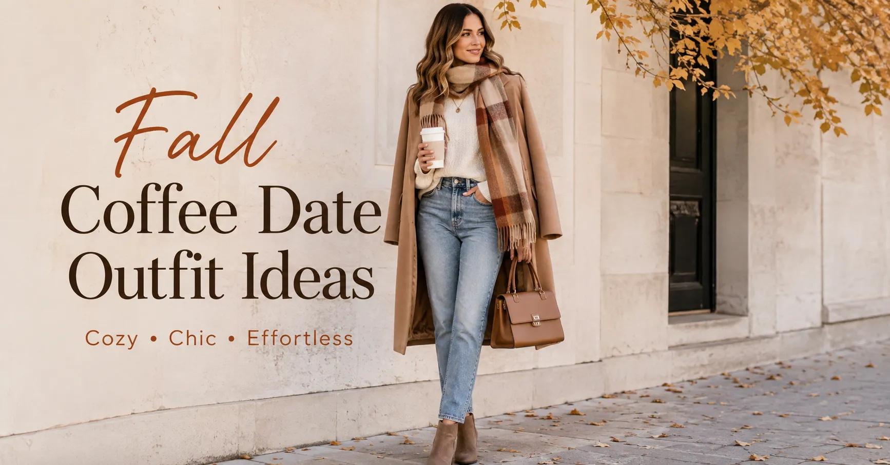Fall Coffee Date Outfit Ideas featuring a cozy cream sweater, jeans, camel coat, and scarf