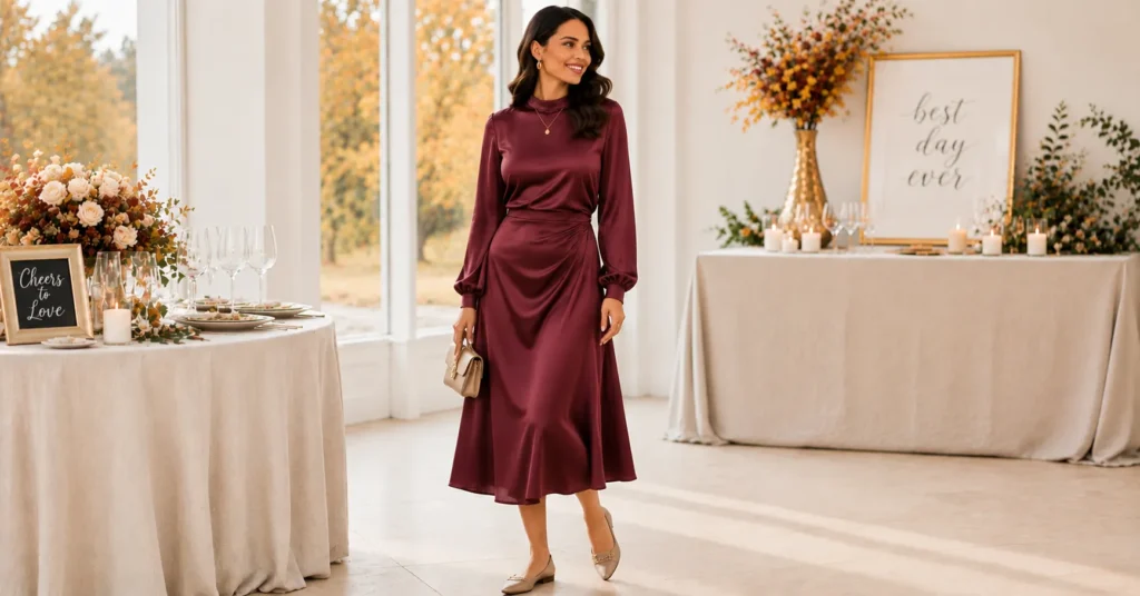 Fall Engagement Party Outfit Ideas: 25 Stunning Looks to Wear This Season 9 Fall Engagement Party Outfit Ideas featuring a burgundy satin midi dress