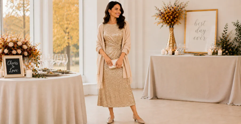 Fall Engagement Party Outfit Ideas: 25 Stunning Looks to Wear This Season 13 Fall Engagement Party Outfit Ideas featuring a champagne sequined midi dress with a soft wrap
