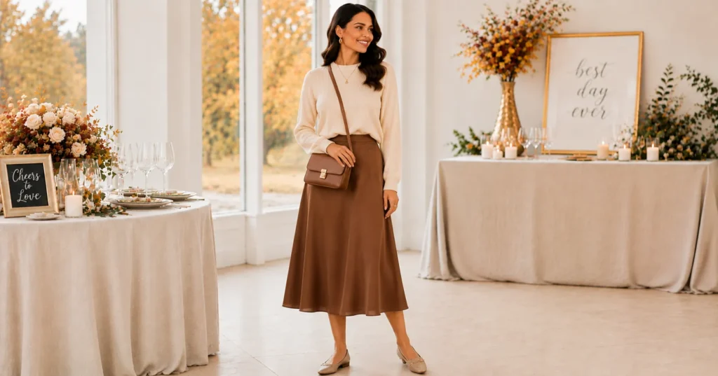 Fall Engagement Party Outfit Ideas: 25 Stunning Looks to Wear This Season 14 Fall Engagement Party Outfit Ideas featuring a cream sweater and brown midi skirt set