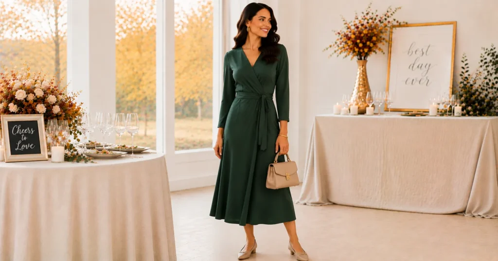 Fall Engagement Party Outfit Ideas: 25 Stunning Looks to Wear This Season 17 Fall Engagement Party Outfit Ideas featuring a forest green dress with elegant gold accents