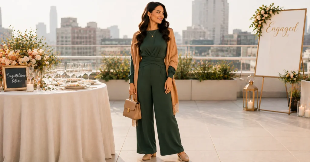 Fall Engagement Party Outfit Ideas: 25 Stunning Looks to Wear This Season 15 Fall Engagement Party Outfit Ideas featuring a forest green wide-leg jumpsuit with a camel shawl