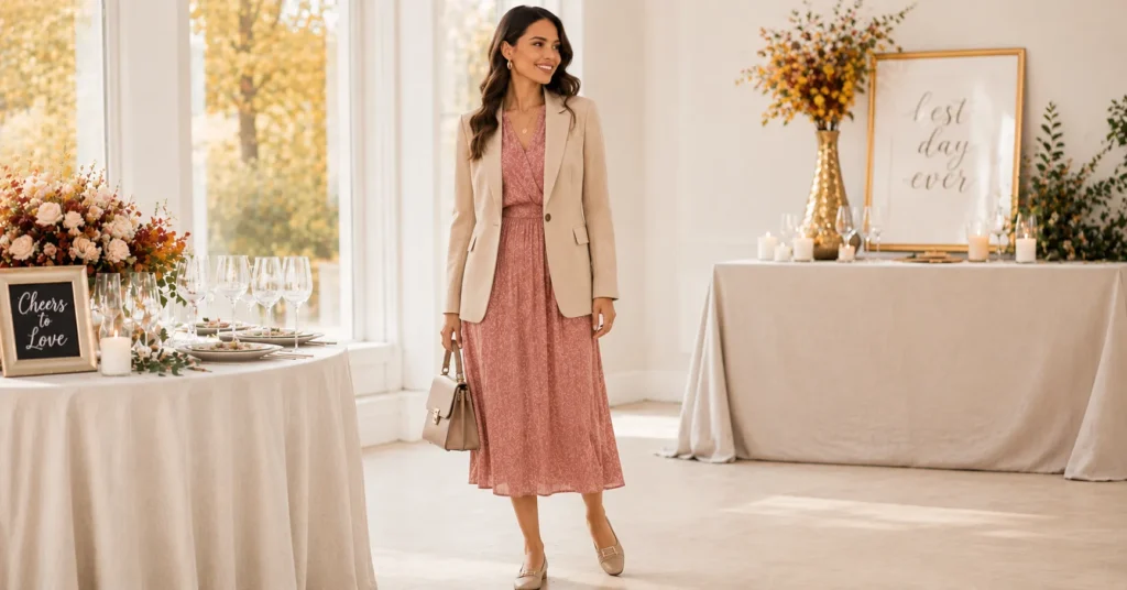 Fall Engagement Party Outfit Ideas: 25 Stunning Looks to Wear This Season 5 Fall Engagement Party Outfit Ideas featuring a muted autumn midi dress with a structured blazer