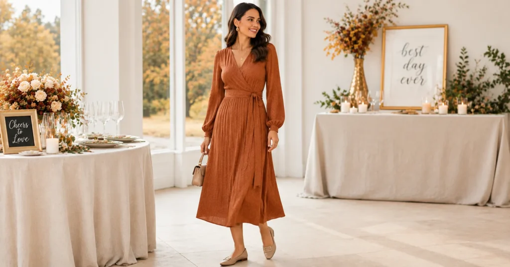 Fall Engagement Party Outfit Ideas: 25 Stunning Looks to Wear This Season 4 Fall Engagement Party Outfit Ideas featuring a rust earth-tone wrap midi dress