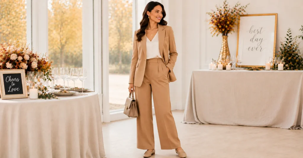 Fall Engagement Party Outfit Ideas: 25 Stunning Looks to Wear This Season 10 Fall Engagement Party Outfit Ideas featuring a sophisticated camel tailored pantsuit