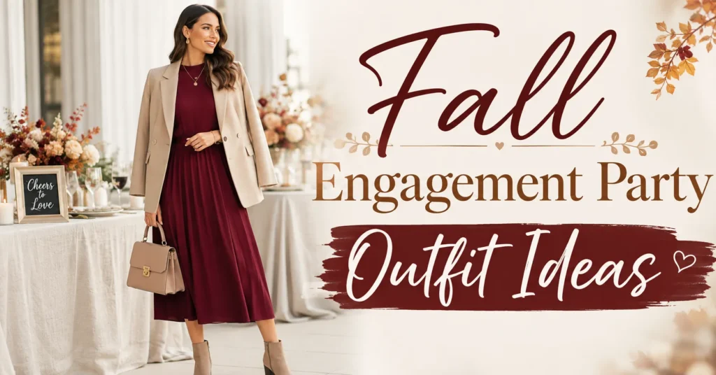 Fall Engagement Party Outfit Ideas: 25 Stunning Looks to Wear This Season 9 Fall Engagement Party Outfit Ideas featuring a stylish woman in a burgundy midi dress, beige blazer, ankle boots, and elegant accessories