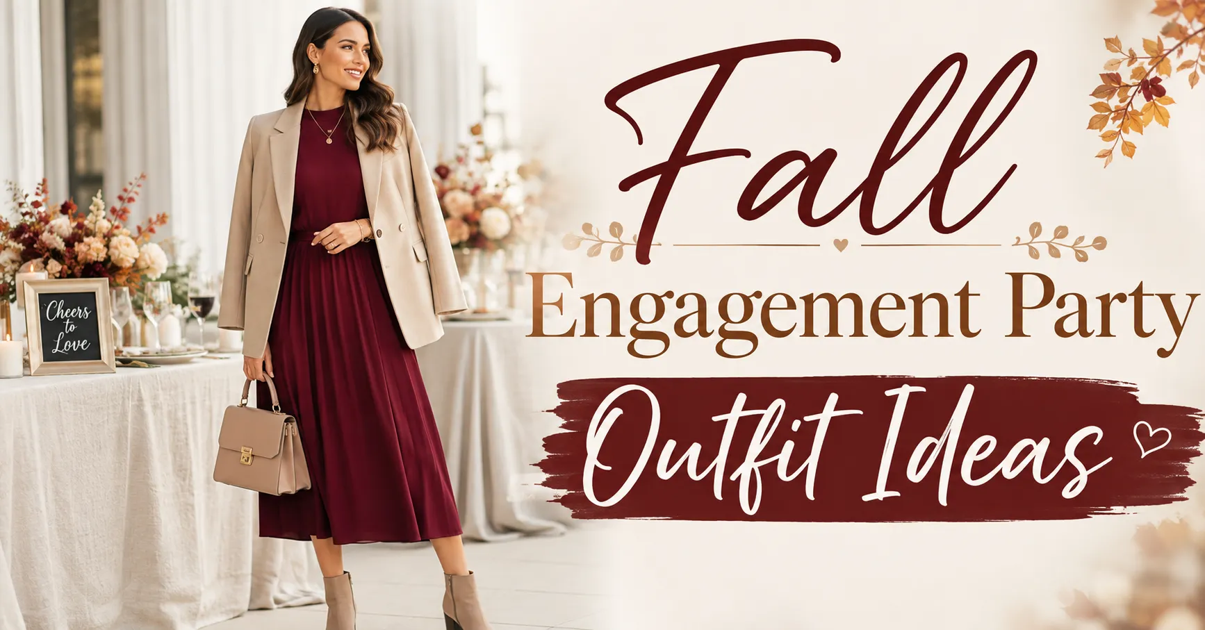 Fall Engagement Party Outfit Ideas featuring a stylish woman in a burgundy midi dress, beige blazer, ankle boots, and elegant accessories