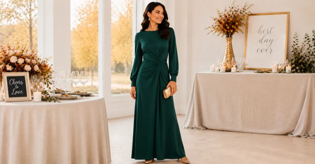 Fall Engagement Party Outfit Ideas: 25 Stunning Looks to Wear This Season 12 Fall Engagement Party Outfit Ideas featuring an elegant emerald jewel-tone floor-length gown