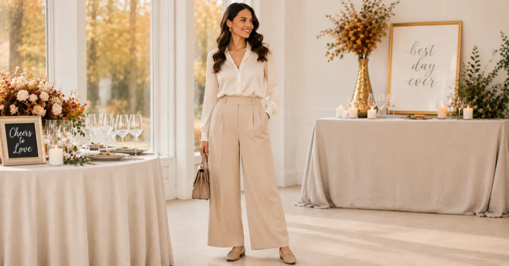 Fall Engagement Party Outfit Ideas: 25 Stunning Looks to Wear This Season 6 Fall Engagement Party Outfit Ideas featuring beige wide-leg trousers and an elegant silk blouse