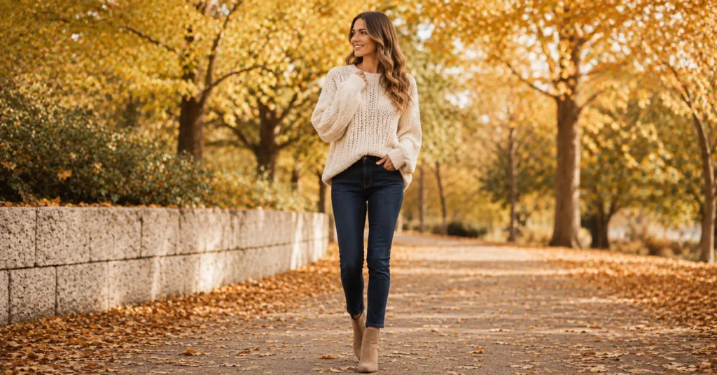 35 Stunning Fall Engagement Photo Outfit Ideas for Couples & Women 4 Fall Engagement Photo Outfit Ideas featuring a chunky cream knit sweater with dark denim