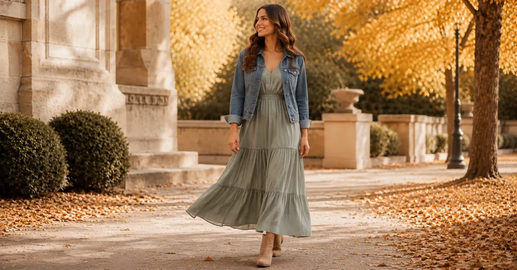 35 Stunning Fall Engagement Photo Outfit Ideas for Couples & Women 11 Fall Engagement Photo Outfit Ideas featuring a flowing dusty sage maxi dress with a denim jacket