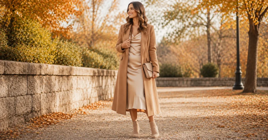 35 Stunning Fall Engagement Photo Outfit Ideas for Couples & Women 5 Fall Engagement Photo Outfit Ideas featuring a long camel wool coat over an elegant slip dress