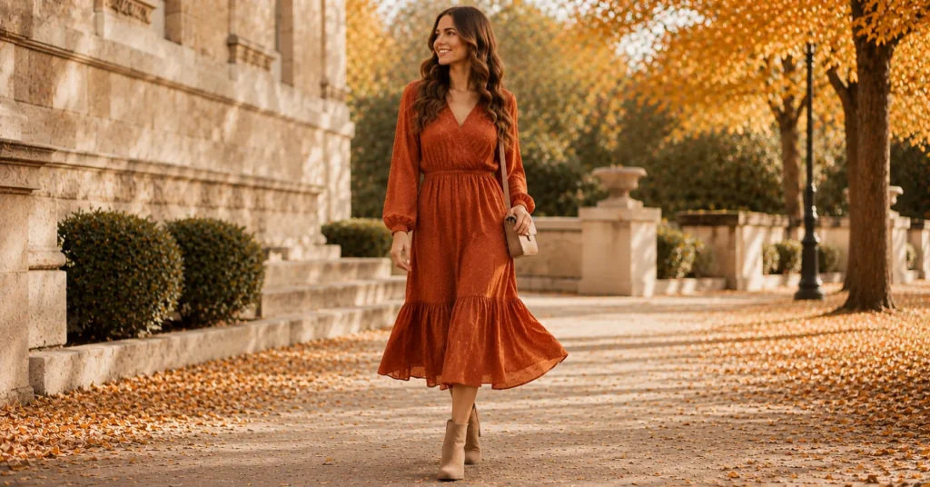 35 Stunning Fall Engagement Photo Outfit Ideas for Couples & Women 7 Fall Engagement Photo Outfit Ideas featuring a rust-colored midi dress with ankle boots