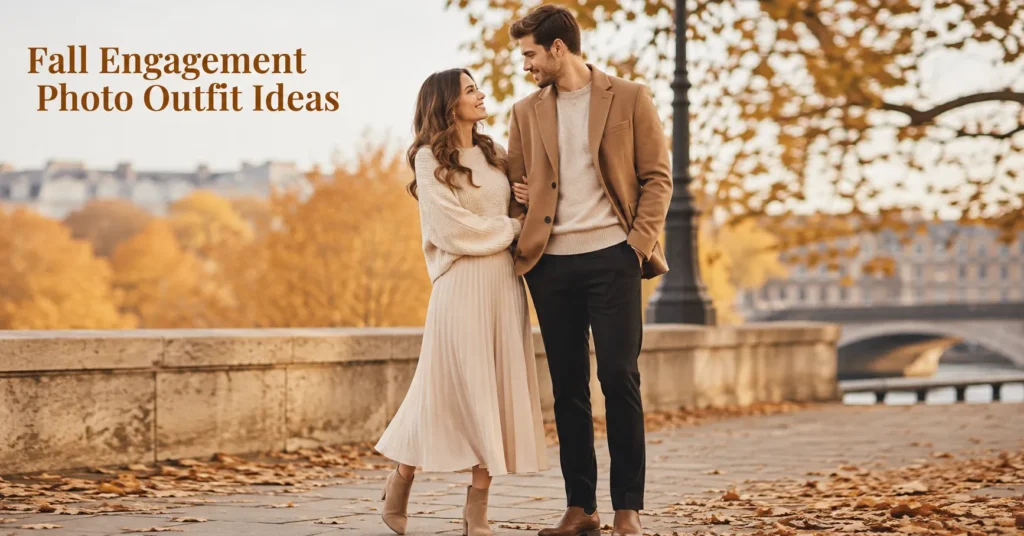 35 Stunning Fall Engagement Photo Outfit Ideas for Couples & Women 5 Fall Engagement Photo Outfit Ideas featuring a stylish couple in coordinated autumn outfits
