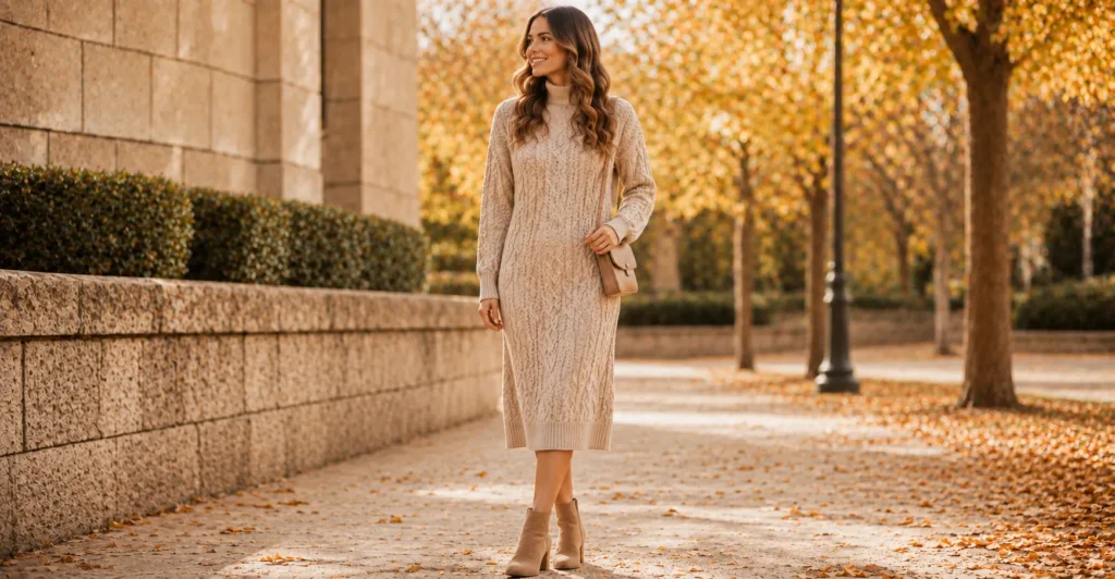 35 Stunning Fall Engagement Photo Outfit Ideas for Couples & Women 8 Fall Engagement Photo Outfit Ideas featuring an oatmeal cable-knit sweater dress