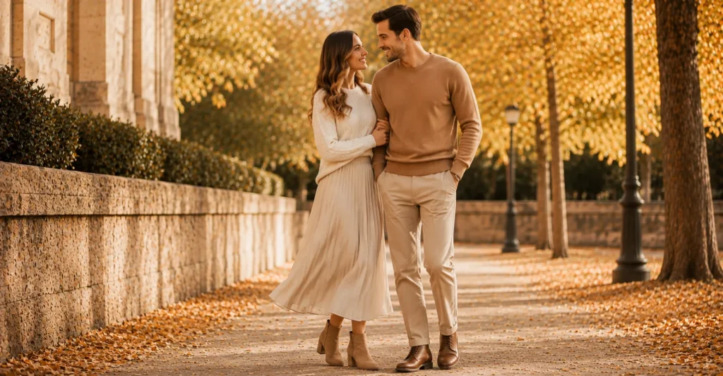35 Stunning Fall Engagement Photo Outfit Ideas for Couples & Women 13 Fall Engagement Photo Outfit Ideas featuring coordinated couple photo outfits in warm autumn colors
