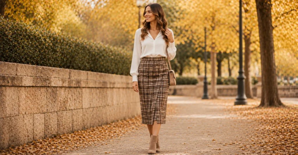 35 Stunning Fall Engagement Photo Outfit Ideas for Couples & Women 9 Fall Engagement Photo Outfit Ideas with a plaid wool skirt and tucked ivory blouse