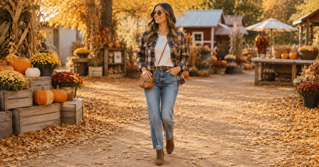 10 Stunning Fall Festival Outfit Ideas for a Stylish Autumn Look 3 Fall Festival Outfit Ideas with a classic flannel shirt, denim jeans, ankle boots, and cozy autumn styling.