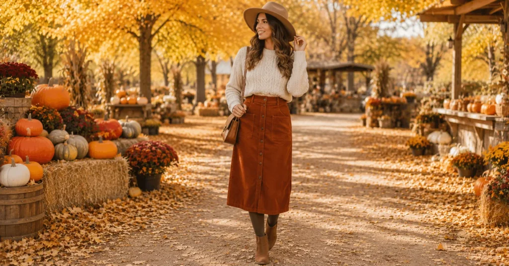 10 Stunning Fall Festival Outfit Ideas for a Stylish Autumn Look 4 Fall Festival Outfit Ideas featuring a cozy sweater, corduroy skirt, tights, ankle boots, and autumn accessories.