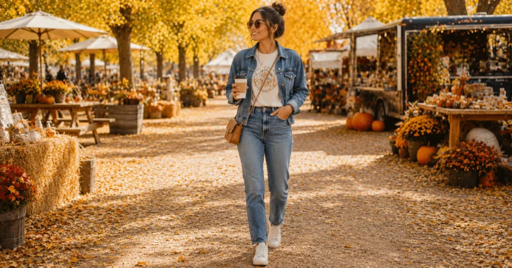 10 Stunning Fall Festival Outfit Ideas for a Stylish Autumn Look 5 Fall Festival Outfit Ideas featuring a classic denim jacket, light tee, jeans, sneakers, and a crossbody bag.