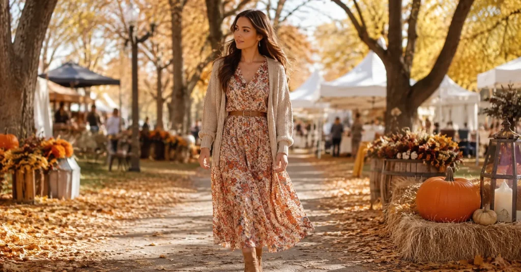 10 Stunning Fall Festival Outfit Ideas for a Stylish Autumn Look 6 Fall Festival Outfit Ideas featuring a flowy autumn maxi dress layered with a cozy cardigan and ankle boots.