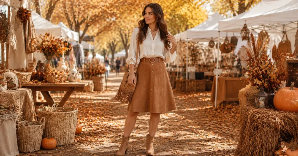 10 Stunning Fall Festival Outfit Ideas for a Stylish Autumn Look 7 Fall Festival Outfit Ideas with a camel suede skirt, cream blouse, fringe bag, and ankle boots.