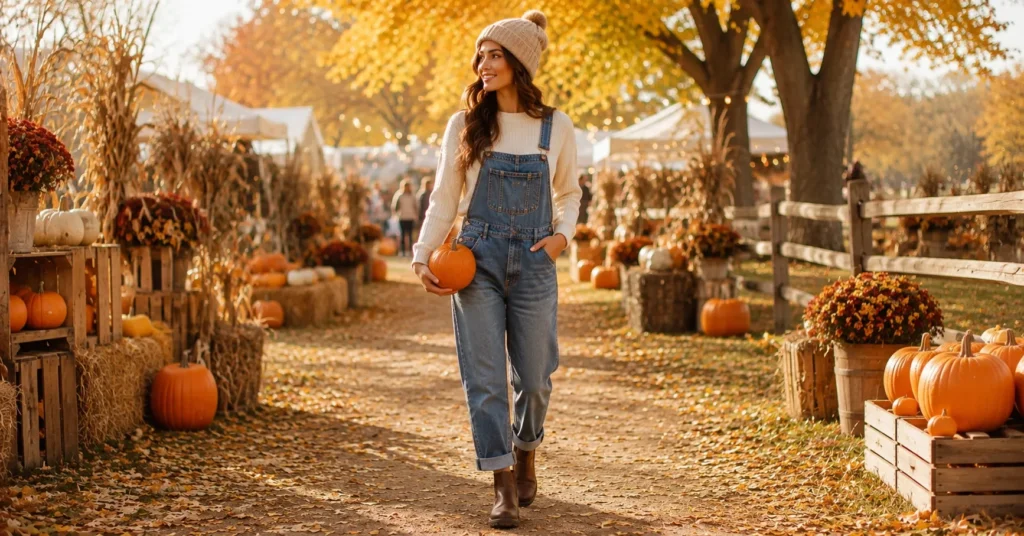 10 Stunning Fall Festival Outfit Ideas for a Stylish Autumn Look 9 Fall Festival Outfit Ideas featuring denim overalls, a cozy sweater, practical boots, and a knit beanie.