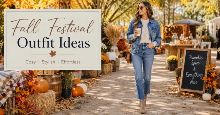 Fall Festival Outfit Ideas featuring a stylish layered autumn look with denim, knitwear, jeans, and ankle boots.