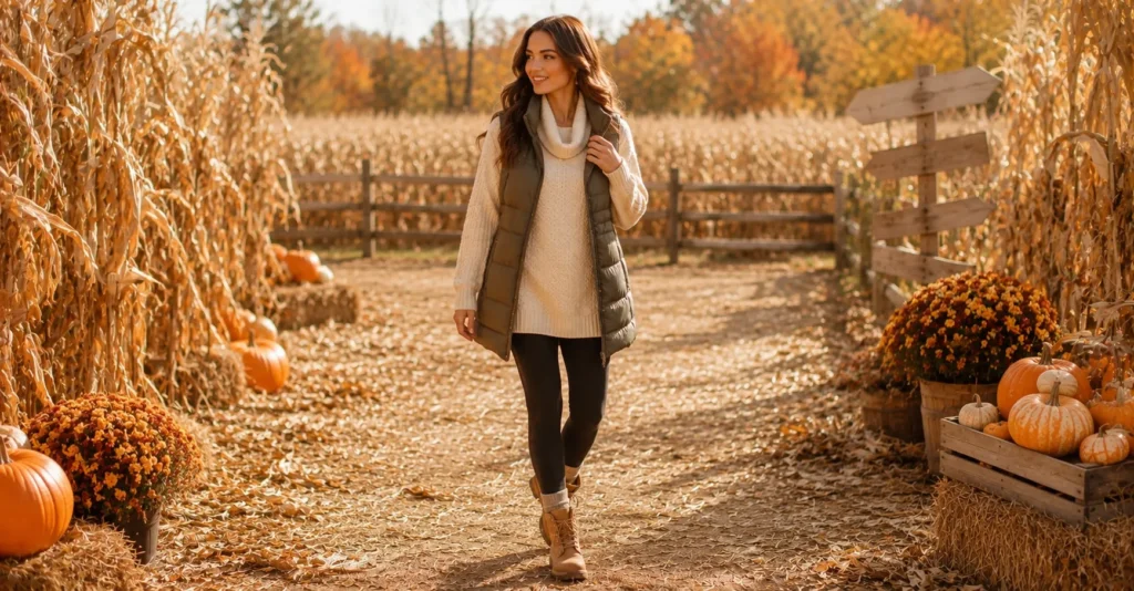 10 Stunning Fall Festival Outfit Ideas for a Stylish Autumn Look 10 Fall Festival Outfit Ideas featuring a cozy tunic sweater, leggings, puffer vest, and waterproof boots.