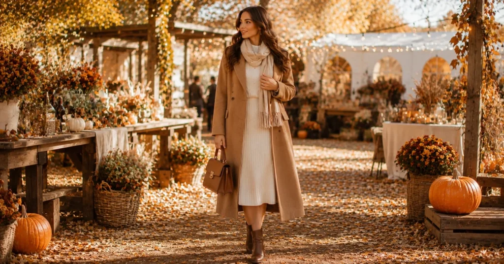10 Stunning Fall Festival Outfit Ideas for a Stylish Autumn Look 11 Fall Festival Outfit Ideas featuring a cream sweater dress, camel long coat, scarf, and ankle boots.